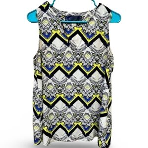 Womens Sleeveless Chevron Print Blouse Size Small Neon Yellow Blue Black Geometr